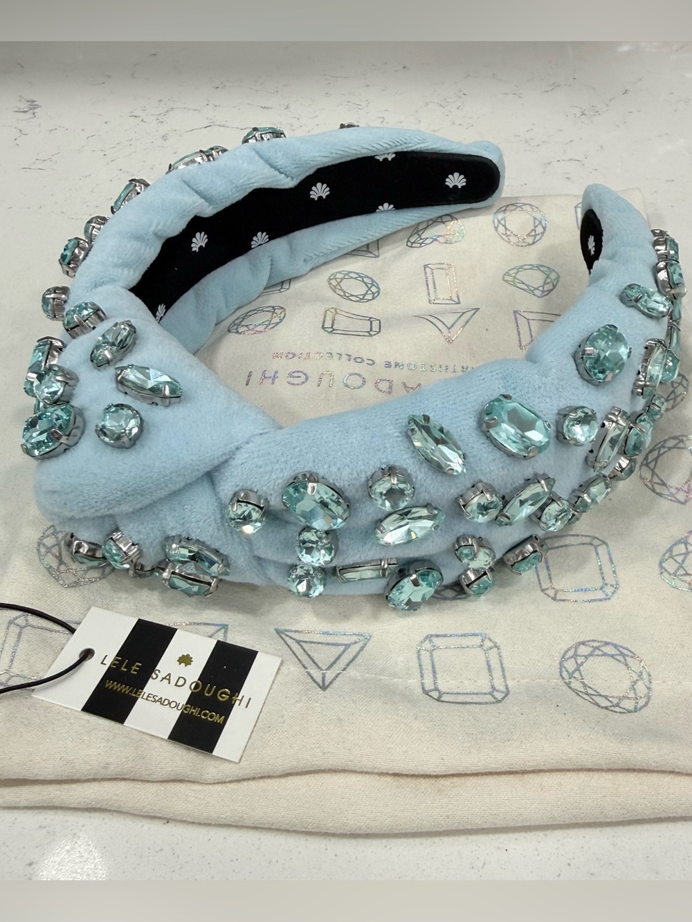 Lele Sadoughi Birthstone Aquamarine Crystal Velvet Knotted Headband